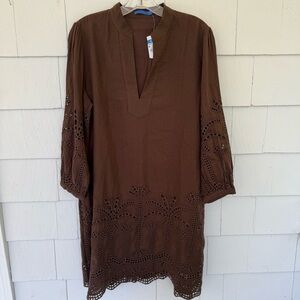 J. McLaughlin Newbury Eyelet Linen Blend Dress Long Sleeve Brown size Medium NWT